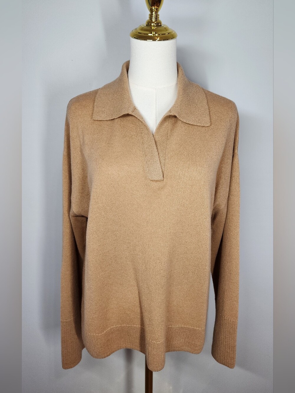 Saks Fifth Avenue 100% Cashmere Collared Polo Sweater Relaxed Fit Camel Size L